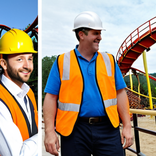 Home 4 **Image Prompt:** A split image showcasing the contrast between a Leisure Industry Engineer and a Recreation Manager. On one side, a Leisure Industry Engineer meticulously inspects a roller coaster mechanism, focusing on safety and maintenance, wearing a hard hat and safety vest. On the other side, a Recreation Manager leads a group in a lively team-building activity, smiling and engaging with participants in a resort setting. The overall tone should be vibrant and professional.