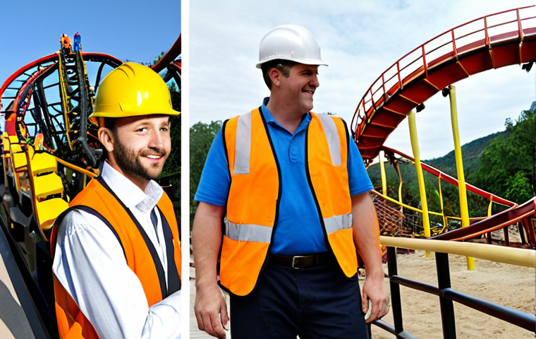 **Image Prompt:** A split image showcasing the contrast between a Leisure Industry Engineer and a Recreation Manager. On one side, a Leisure Industry Engineer meticulously inspects a roller coaster mechanism, focusing on safety and maintenance, wearing a hard hat and safety vest. On the other side, a Recreation Manager leads a group in a lively team-building activity, smiling and engaging with participants in a resort setting. The overall tone should be vibrant and professional.